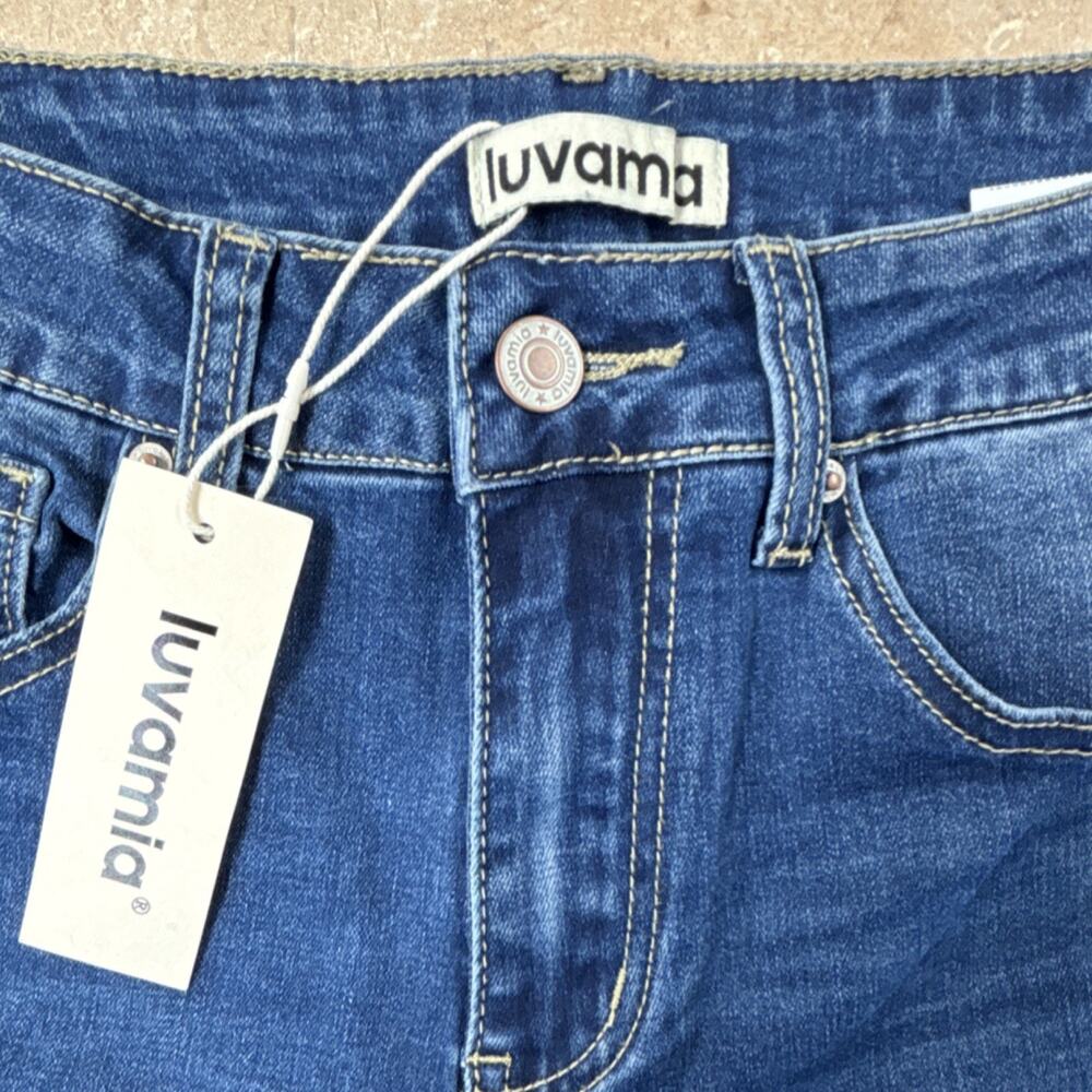 luvamia Distressed Frayed Hem Blue Denim Jeans Women Button Zip Stretch - Picture 3 of 6